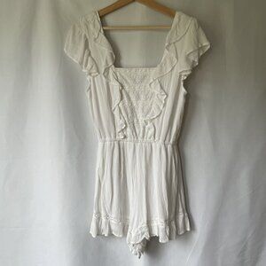American Eagle white flirty flowy romper short sleeves‎ frilly square neckline
